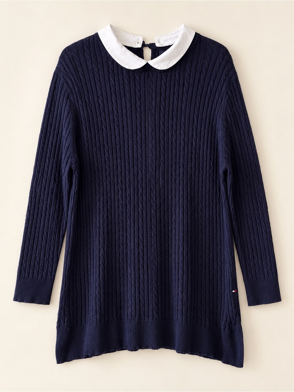 Tommy Hilfiger Navy Cable Knit Sweater with White Collar | L